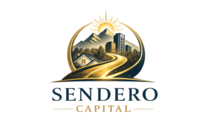 Sendero Capital logo featuring a modern pathway leading to residential homes and commercial buildings in teal and navy blue, symbolizing guidance, growth, and real estate investment financing.