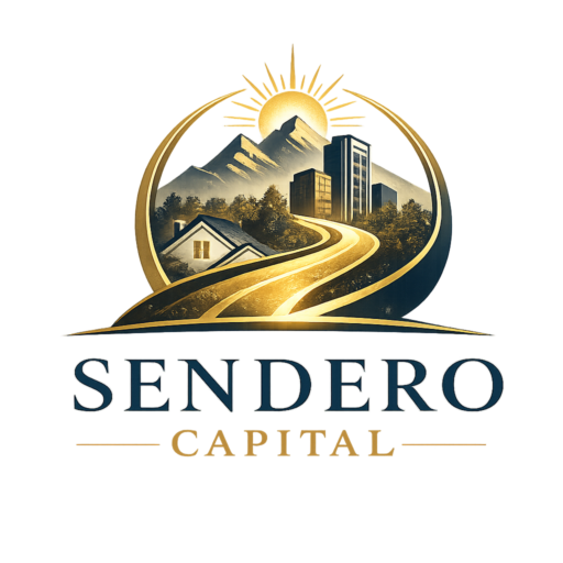Sendero Capital logo featuring a modern pathway leading to residential homes and commercial buildings in teal and navy blue, symbolizing guidance, growth, and real estate investment financing.